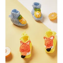MayRa Knits Pack Of 2 Hand Knitted Orange & Fox Designed Booties - Blue & Yellow-picture-15