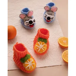 MayRa Knits Pack Of 2 Hand Knitted Woven Bunny Applique Detailed Set Of Booties - Blue & Orange-picture-25