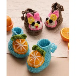 MayRa Knits Pack Of 2 Hand Knitted Woven Bunny Applique Detailed Set Of Booties - Brown & Blue-picture-31