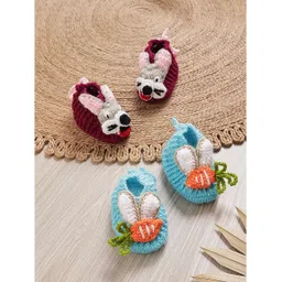 MayRa Knits Pack Of 2 Hand Knitted Woven Bunny Applique Detailed Set Of Booties - Magenta & Blue-picture-32