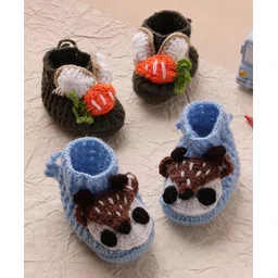 MayRa Knits Pack Of 2 Hand Knitted Woven Deer Applique Detailed Set Of Booties - Blue & Brown-picture-22