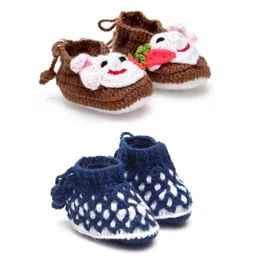 MayRa Knits Pack Of 2 Pair Of Hand Knitted Booties - Blue & Brown-picture-12