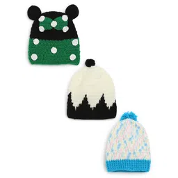 MayRa Knits Pack Of 3 Hand Knitted Bow & Polka Dots Crochet Designed Caps - White Green & Multi Colour-picture-25