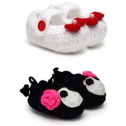 MayRa Knits Set Of 2 Hand Knitted Flower Design Booties - White Black-picture-38