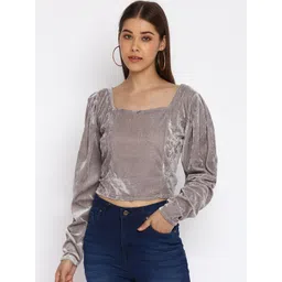 Mayra Square Neck Puff Sleeves Velvet Crop Top-picture-24