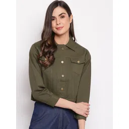 Mayra Women Olive Green Crop Denim Jacket-picture-21