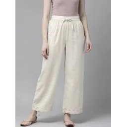 mbccreation Women White Cotton Silk Trousers-picture-39