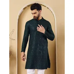 M'COT Men Embellished Mandarin Neck Regular Sleeves Mirror Work Straight Kurta-picture-31