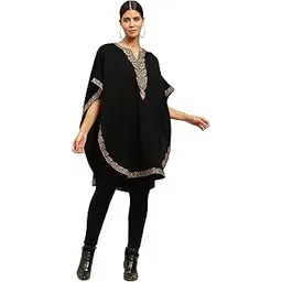 me & i ME&I Thread Embroidery Woolen Loose Fit Round With V-Neck Half Sleeves Cape For Women (MG2028, Black, Free Size)-picture-42