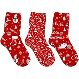 me funky Christmas Holiday Crew Socks, Red and White,Winter Pattern with Snowman, Reindeer, Snowflakes and Trees, Merry Christmas Design-picture-49