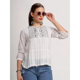 me Queen Floral Embroidered Tie-Up Neck Bell Sleeve Top-picture-29