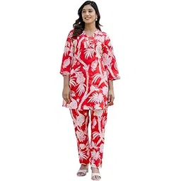 me&my Me & My Red Cotton Printed Co-ord Set | Comfortable 3/4 Sleeve Flared Top & Pants for Women | Casual Chic Style-picture-12
