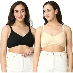 Mee Mee Women's Cotton Soft Maternity Bra | Adjustable Straps, Non-Padded, Non-Wired Nursing Bra | Full Cup Feeding Bra | Post Pregnancy Easy to Breastfeed (Skin and Black, Pack of 2)-picture-45