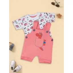 MeeMee Infant Girl Printed Cotton Dino Dungaree With T-Shirt-picture-33