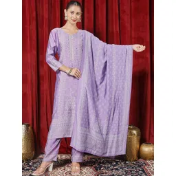 Meena Bazaar Ethnic Motifs Printed V-Neck Art Silk Straight Kurta With Trousers & Dupatta-image-23