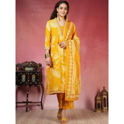 Meena Bazaar Floral Printed V-Neck Thread Work A-Line Kurta With Trousers & Dupatta-picture-35