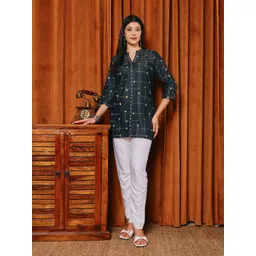 Meena Bazaar Women Ethnic Motifs Embroidered Mandarin Collar Denim A-Line Kurti-picture-37