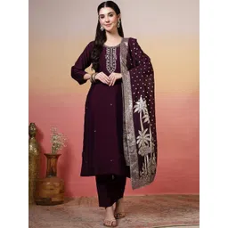 Meena Bazaar Women Ethnic Motifs Embroidered Regular Kurta with Trousers & With Dupatta-picture-32