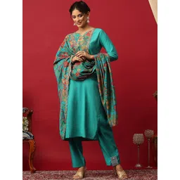 Meena Bazaar Women Floral Embroidered Regular Thread Work Kurta with Trousers & With Dupatta-picture-36