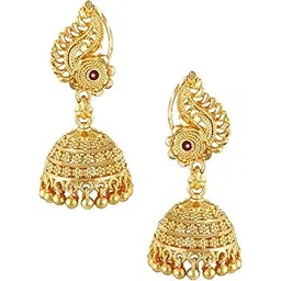meenaz Gold Traditional Temple Jewellery 18k One Gram Gold Ethnic Brass Stylish South Indian Ghungroo Screw Back Studs Meenakari Peacock Ruby Jhumki Earrings Set for Women -JHUMKI-M143-picture-36