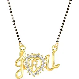 meenaz Mangalsutra for Women ladies Gold Traditional Stylish Single Line American Diamond Tanmaniya Necklace Pendant Black Bead Chain Short Letter Name Initial Word Alphabet R Mangal sutra 18 Inch-16-picture-38