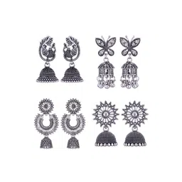 MEENAZ Pack Of 4 Silver-Plated Dome Shaped Oxidised Jhumkas-picture-33