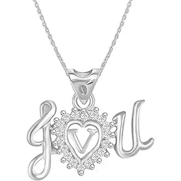 meenaz Pendant for Women Girls Wife Girlfriend lovers American Diamond Crystal CZ AD Brass Chain Necklace Pendent Silver Pendant Locket I Love U Heart Initial Name V Letter Alphabet Valentine gift -21-picture-35