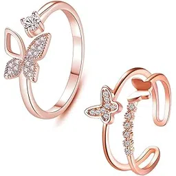 meenaz Rings for women stylish combo Platinum Silver heart butterfly Solitaire ring for girls girlfriend ladies wife sister AD CZ Stone American diamond rings 2 Adjustable rose gold Finger Ring 949-picture-36