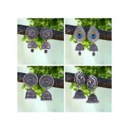 MEENAZ Set Of 4 Silver-Plated Beaded Classic Oxidised Jhumkas-picture-36