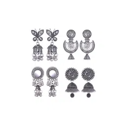 MEENAZ Set Of 4 Silver Plated Peacock Shaped Oxidized  Jhumkas-picture-32