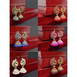 MEENAZ Set Of 6 Gold-Plated Peacock Shaped Jhumkas-picture-31