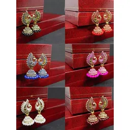 MEENAZ Set Of 6 Gold-Plated Stainless Steel Studded & Beaded Peacock Shaped Jhumkas-picture-28