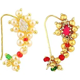 meenaz Traditional Pearl Jewellery Combo Gold pierced Maharashtrian marathi Nose pin Nath Nose Ring for Wedding Women Girls design (2 pcs) -NATH COMBO-124-picture-36