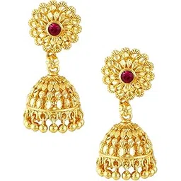 meenaz Traditional Temple Jewellery 18k One Gram Gold Ethnic Brass Stylish South Indian Screw Back Studs Round Ruby Jhumkas Set Jhumka Earrings For Women girls Ladies Latest -GOLD JHUMKI-M150-picture-32