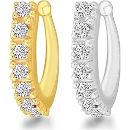 meenaz Women's Maharashtrian Traditional Temple American diamond Jewellery Sania Mirza Clip on Pressing Type Without Piercing Nath Nose Ring pin Stud Combo (Combo 2 pcs Gold Silver)-picture-18
