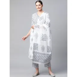 MEERA FAB Women White & Navy Blue Printed Angrakha Cotton Kurta with Palazzos & Dupatta-picture-29