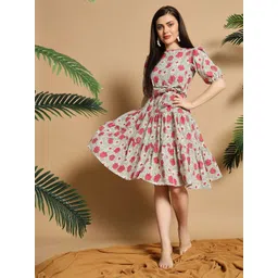 Meeranshi Women Cotton Floral Print Fit & Flare Midi Dress-picture-34