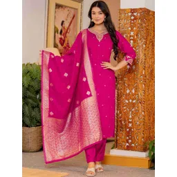 Meeranshi Women Ethnic Motifs Embroidered Regular Kurta with Trousers & Dupatta-picture-26