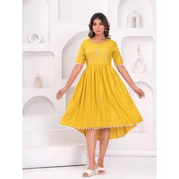 Meeranshi Women Floral Print with Pom-Pom Detail Liva Fit & Flare Midi Dress-picture-27