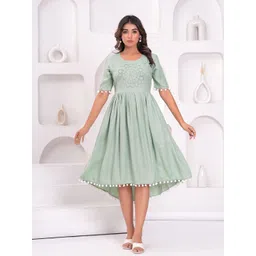 Meeranshi Women Floral Print with Pom-Pom Detail Liva Fit & Flare Midi Dress-picture-28