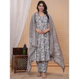 Meeranshi Women Floral Printed Cotton Kurta with Trousers & Dupatta-picture-23