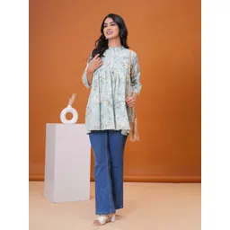 Meeranshi Women Floral Printed Mandarin Collar Cotton Peplum Top image 4