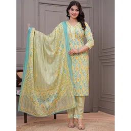 Meeranshi Women Floral Printed V-Neck Pure Cotton Kurti with Trousers & With Dupatta-picture-25