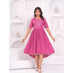 Meeranshi Women Floral Printed with Pom-Pom Detail Liva Fit & Flare Midi Dress-picture-11