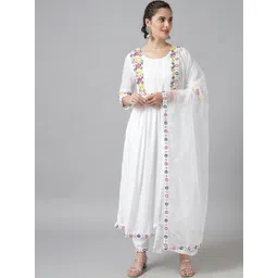 Meeranshi Women White Floral Yoke Design High Slit Phulkari Pure Cotton Kurta with Trousers & With Dupatta-picture-35