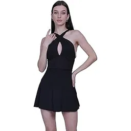 megaska One Piece Swimming Dress Halter Neck Cross Front Padded Swimwear with Inner Shorts Stylish Swim Suit Set Elegant Black Swimming Costume for Women-picture-36