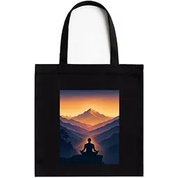 megrok Black Cotton Tote Bag with A4 Printable Pocket, Meditative Spiritual Art Print, Eco-Friendly Zipper Bag for Yoga, Wellness & Mindfulness Lovers-picture-47