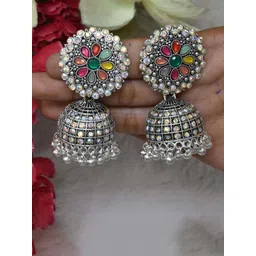 MEIRA JEWELLERY Artificial Stones Studded And Beaded Dome Shaped Jhumkas-picture-17