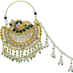 meira jewellery Brass Ethnic Traditional Gold plated piercing nose ring for bridal studed with pearchain and stone nath 103 for Women (Green)-picture-42