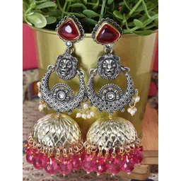 MEIRA JEWELLERY German Silver-Plated Stones Studded & Pearls Beaded Dome Jhumkas-picture-18